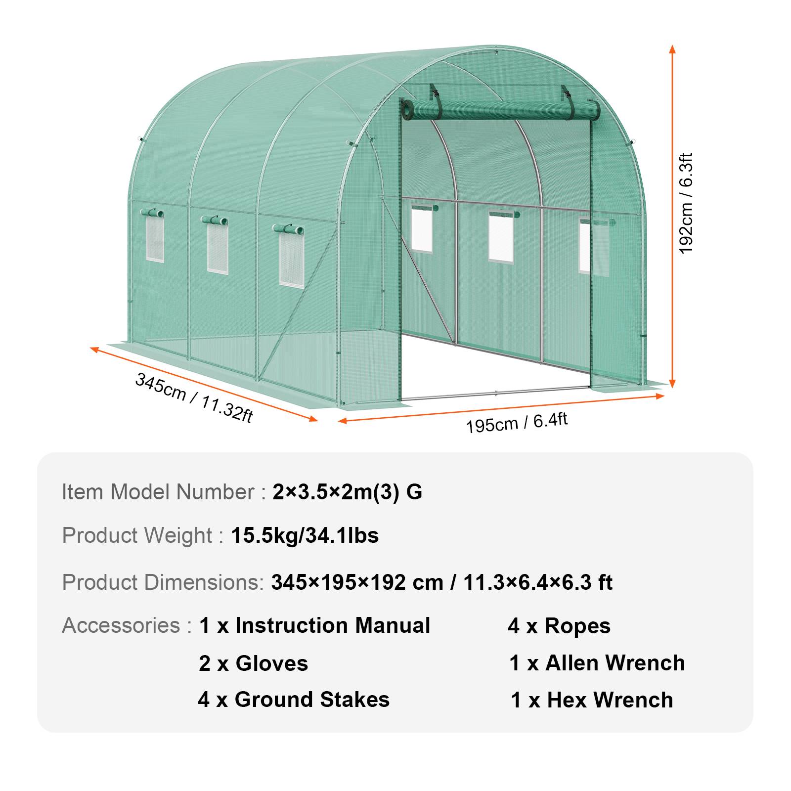 Vevor - VEVOR Serre tunnel 345x195x192 cm, cadre acier galvanisé, couverture PE 140 g/m², porte zippée enroulable, 6 fenêtres, pour jardin extérieur - Image 6
