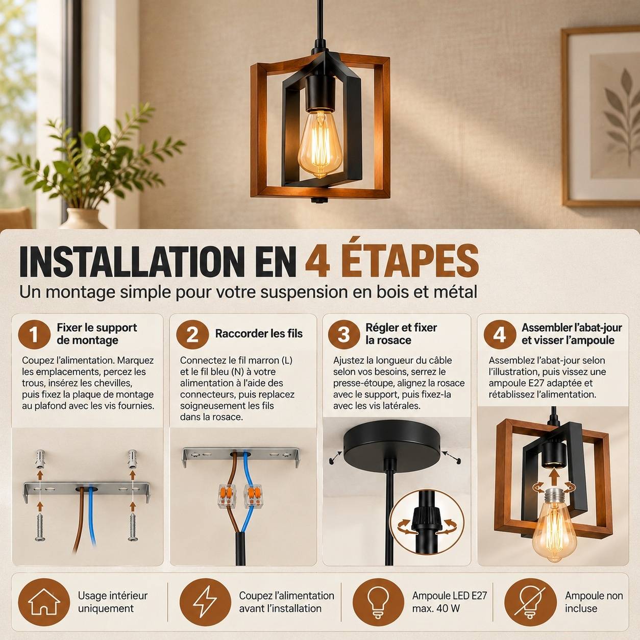 Suspension Industrielle Réglable Métal et Bois Abat-jour Orientable - Image 7