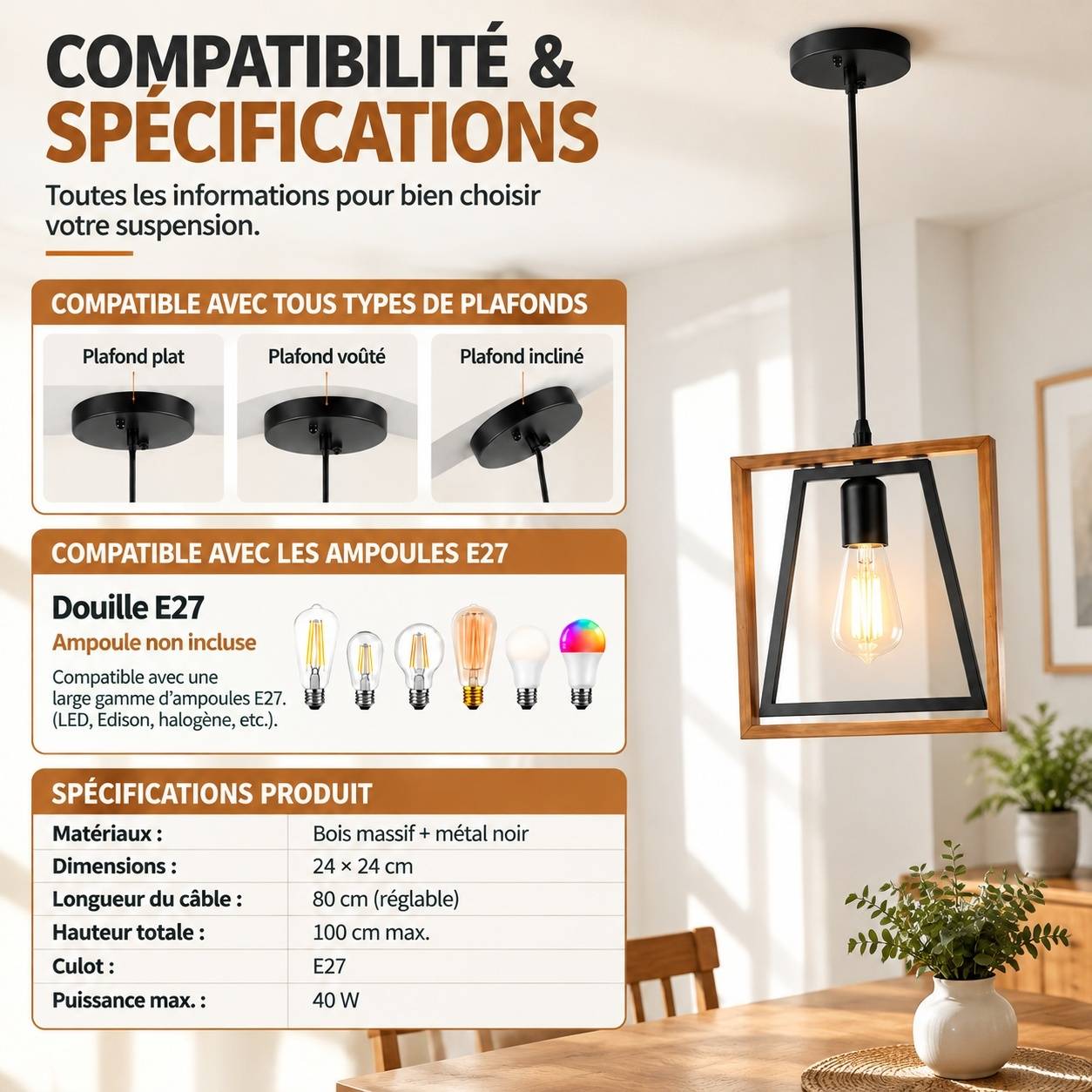 Suspension Industrielle Réglable Métal et Bois Abat-jour Orientable - Image 5