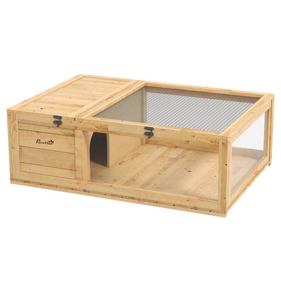ComfortXL - Enclos tortue en bois de sapin 91 x 60,5 x 32 cm jaune pour intérieur et extérieur avec abri et zone vitrée - Image 10