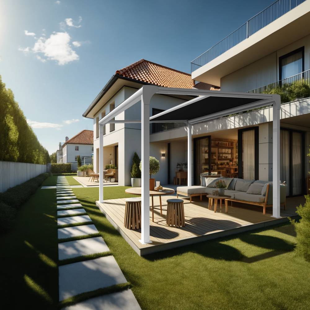Pergola toile TILA îlot 3,50x3,50m Motorisé à télécommande + manœuvre de secours (Noir - Blanc) - Alia Productions - Imagen 2