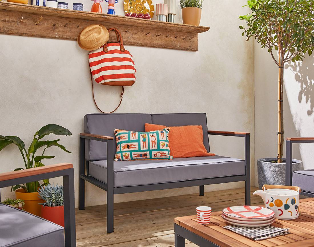 Best Mobilier - Bamaga - salon bas de jardin 4 places - bois, métal et coussins gris - Best Mobilier - Imagen 4