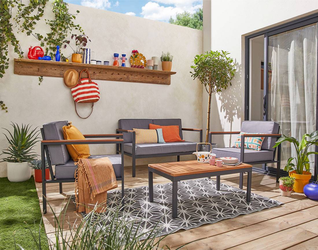 Best Mobilier - Bamaga - salon bas de jardin 4 places - bois, métal et coussins gris - Best Mobilier - Imagen 2