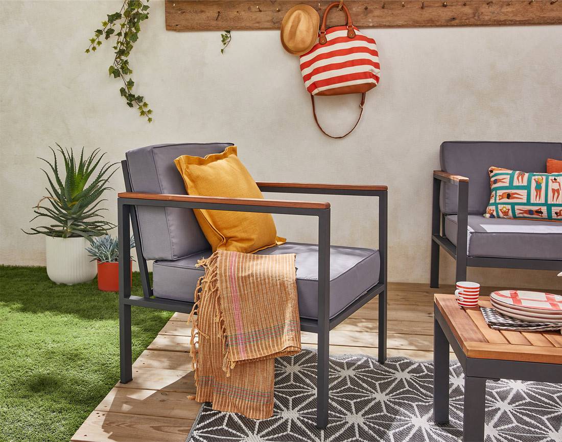Best Mobilier - Bamaga - salon bas de jardin 4 places - bois, métal et coussins gris - Best Mobilier - Imagen 5