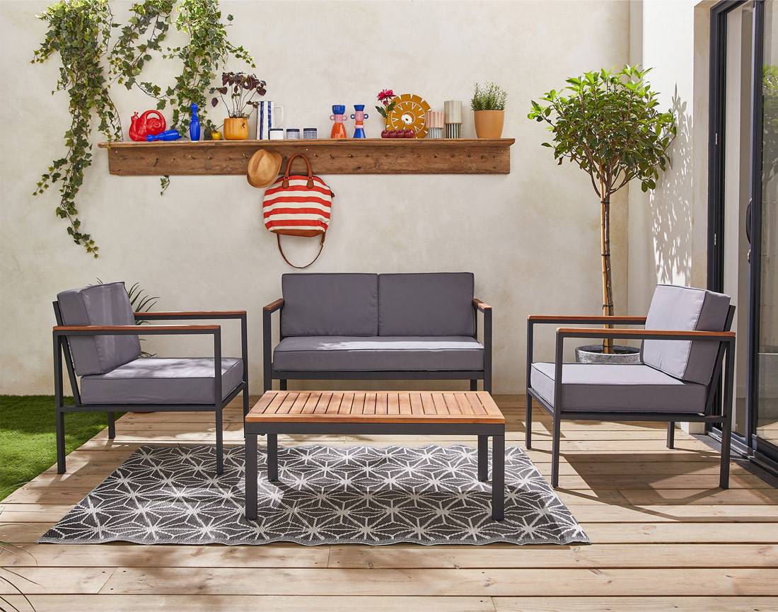 Best Mobilier - Bamaga - salon bas de jardin 4 places - bois, métal et coussins gris - Best Mobilier - Imagen 9
