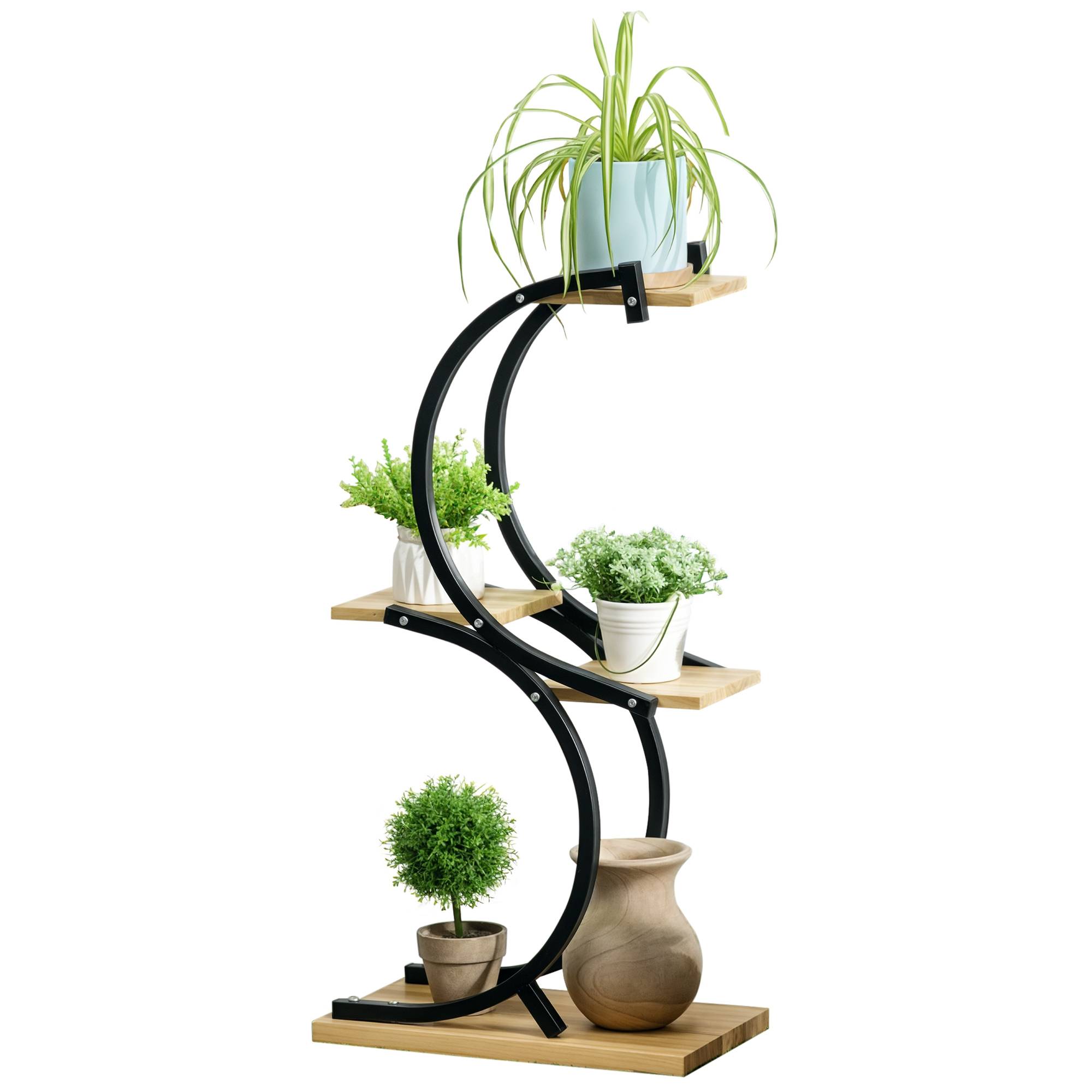 Présentoir à plantes Métal Bois Sapin Maison Jardin 4 Niveaux 46x25x91cm Naturel - ComfortXL Outdoor Living - Image 1