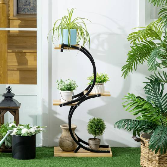 Présentoir à plantes Métal Bois Sapin Maison Jardin 4 Niveaux 46x25x91cm Naturel - ComfortXL Outdoor Living - Image 3