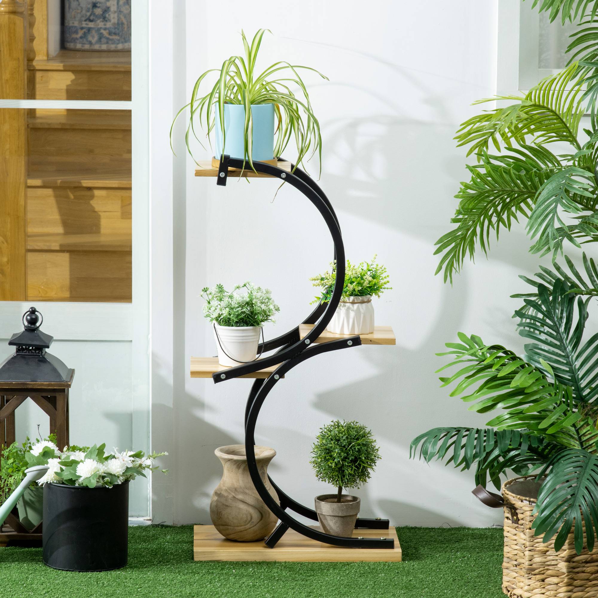 Présentoir à plantes Métal Bois Sapin Maison Jardin 4 Niveaux 46x25x91cm Naturel - ComfortXL Outdoor Living - Image 3