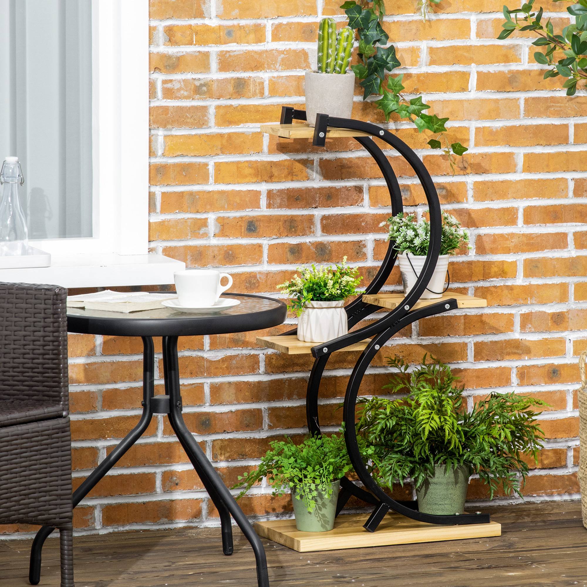 Présentoir à plantes Métal Bois Sapin Maison Jardin 4 Niveaux 46x25x91cm Naturel - ComfortXL Outdoor Living - Image 4
