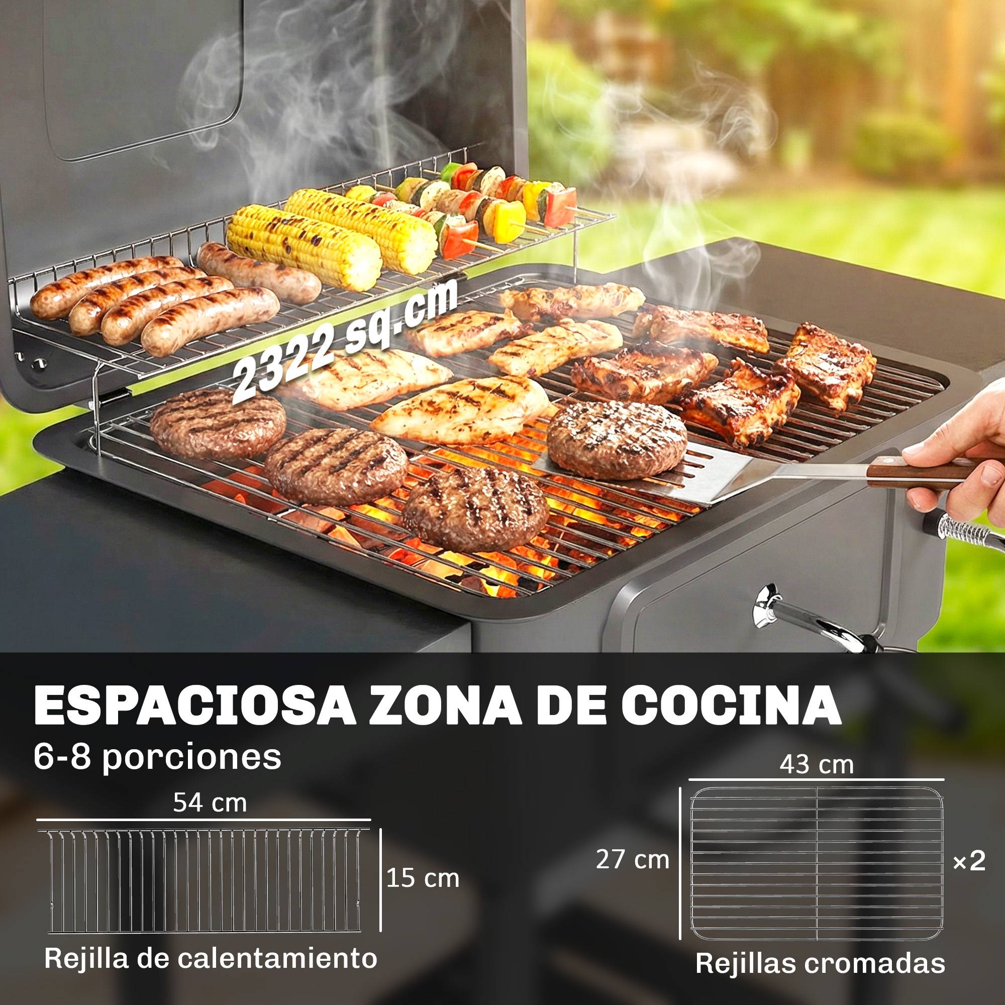 Barbecue à charbon avec bac, ventilation réglable, étagères latérales, roues, thermomètre, couvercle et porte, couleur noire - Image 6