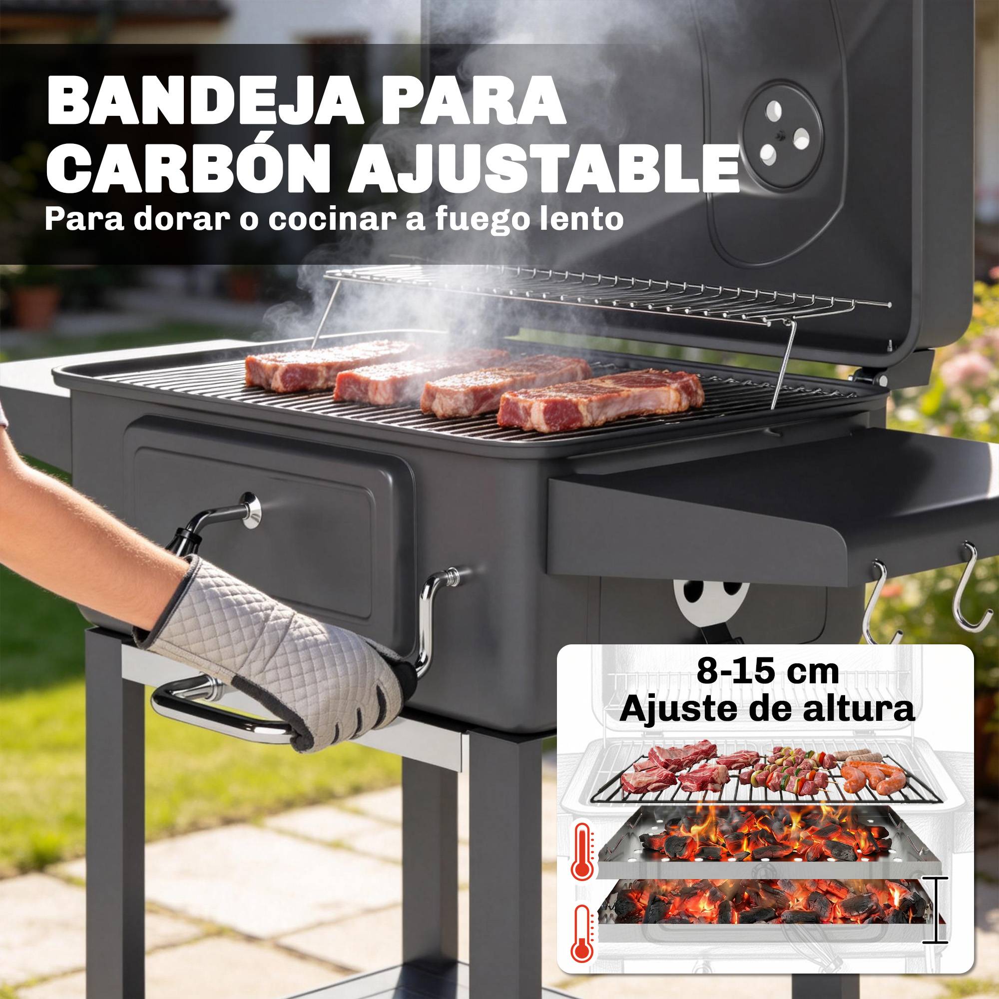 Barbecue à charbon avec bac, ventilation réglable, étagères latérales, roues, thermomètre, couvercle et porte, couleur noire - Image 7