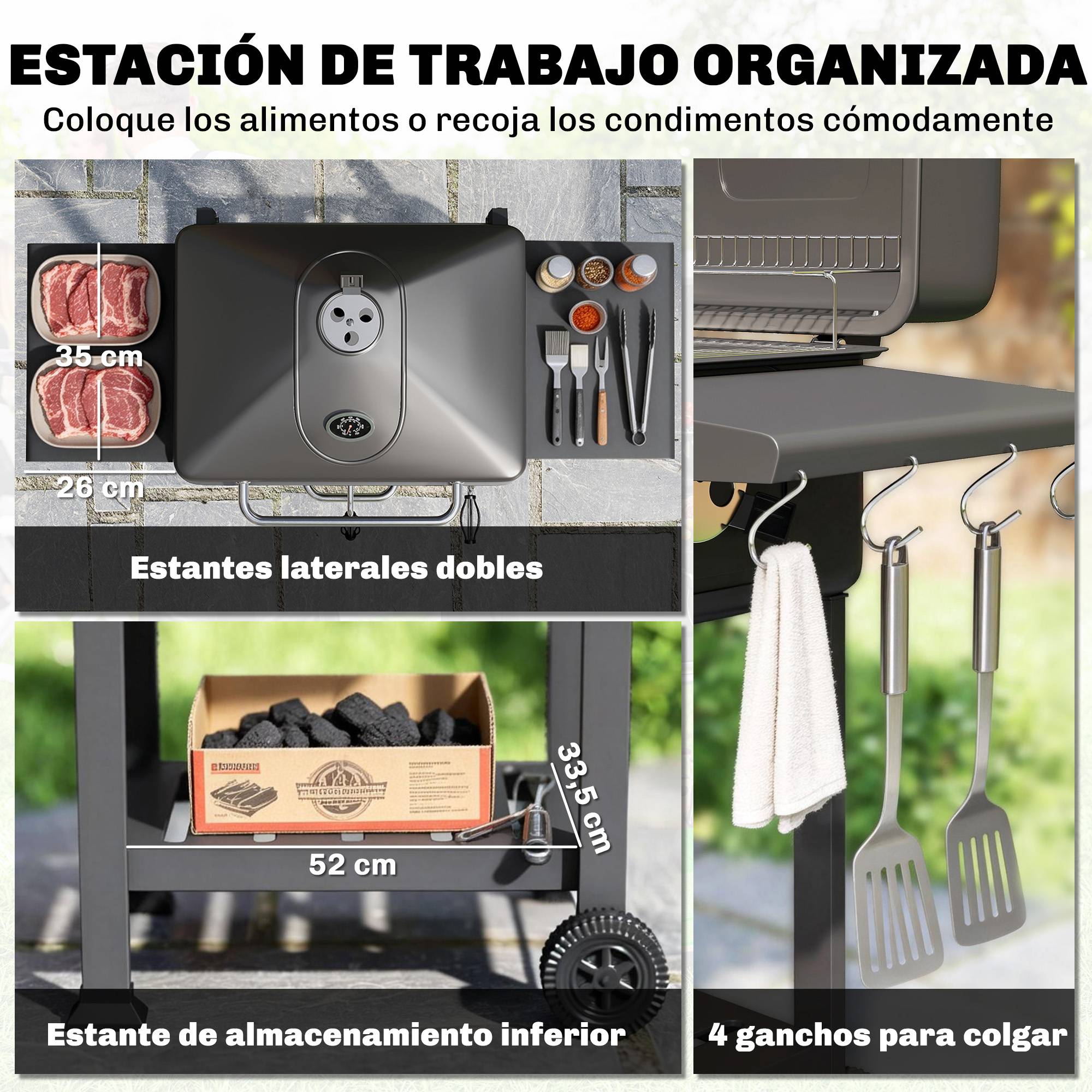 Barbecue à charbon avec bac, ventilation réglable, étagères latérales, roues, thermomètre, couvercle et porte, couleur noire - Image 9