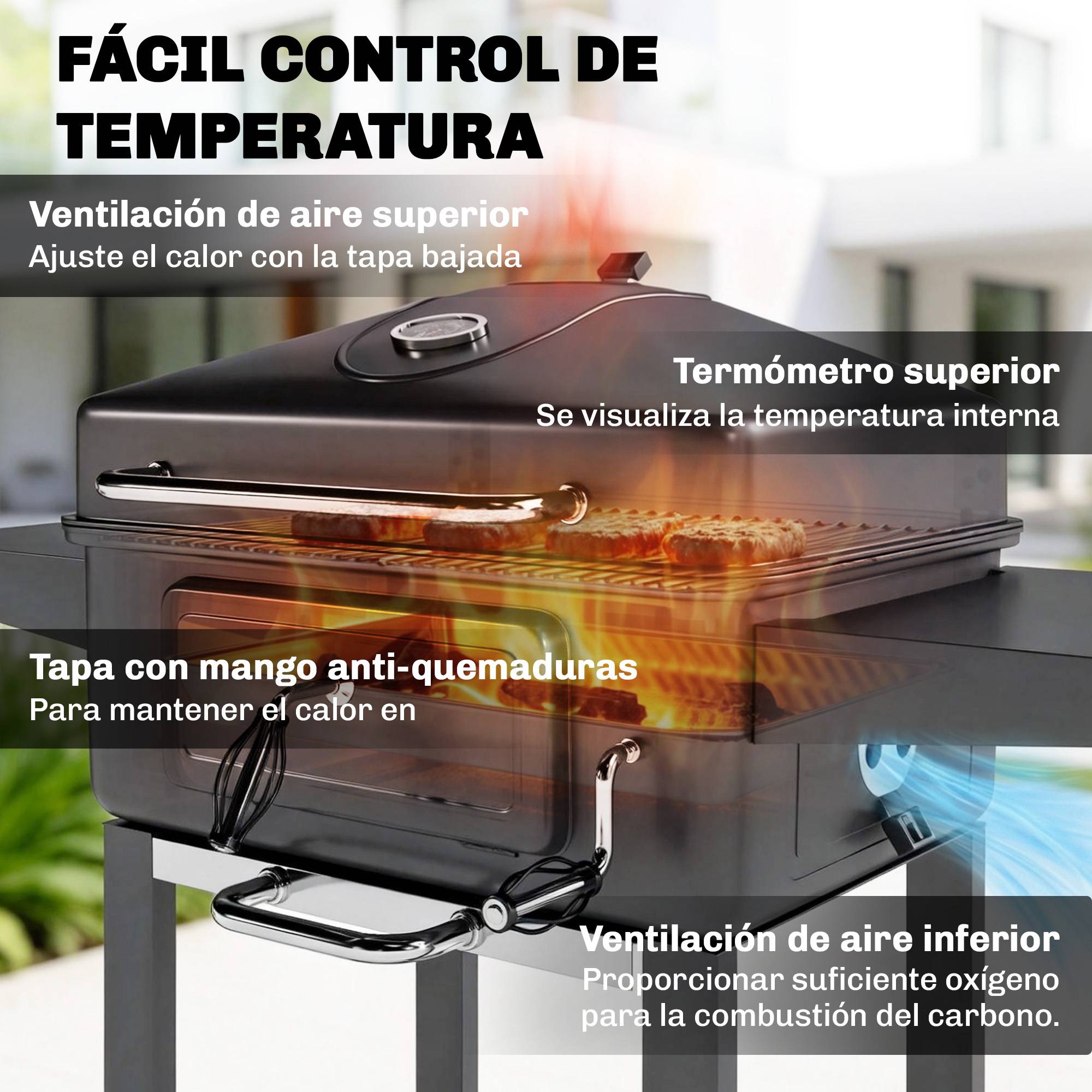 Barbecue à charbon avec bac, ventilation réglable, étagères latérales, roues, thermomètre, couvercle et porte, couleur noire - Image 8