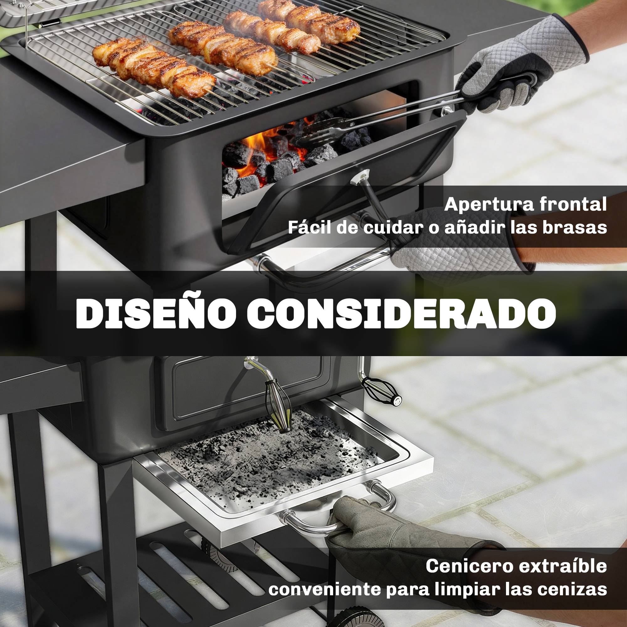 Barbecue à charbon avec bac, ventilation réglable, étagères latérales, roues, thermomètre, couvercle et porte, couleur noire - Image 10