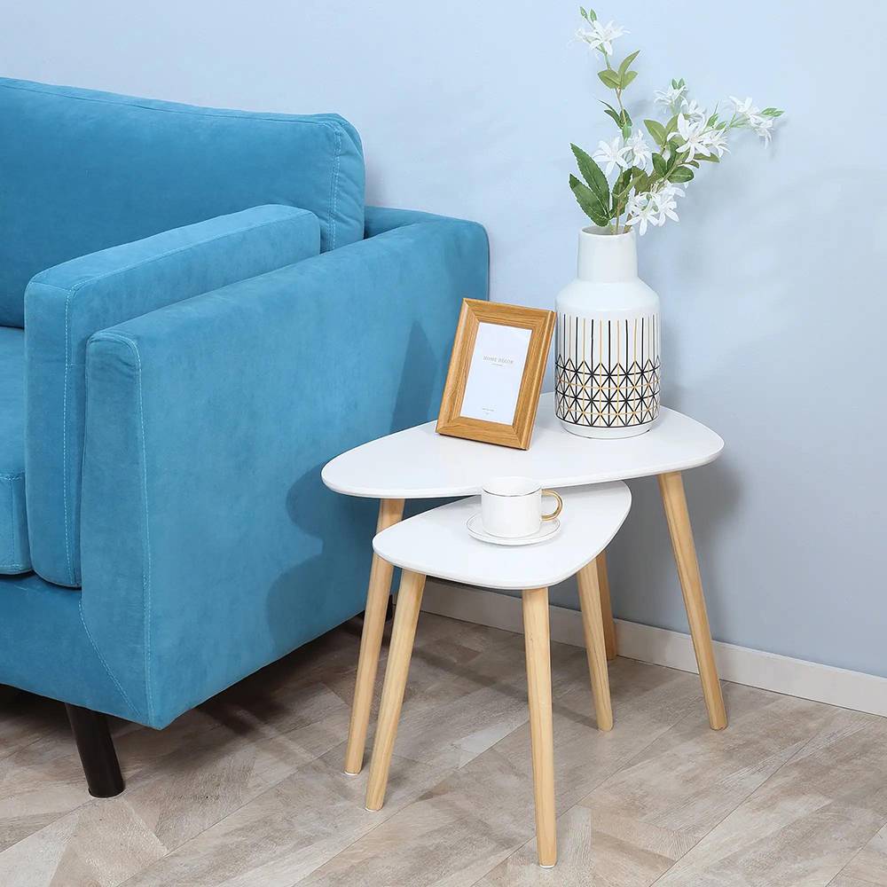 Lot de 2 tables basses gigognes design scandinave pieds en bois et plateau en bois, blanc - Image 3