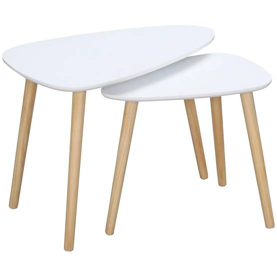 Lot de 2 tables basses gigognes design scandinave pieds en bois et plateau en bois, blanc - Image 1