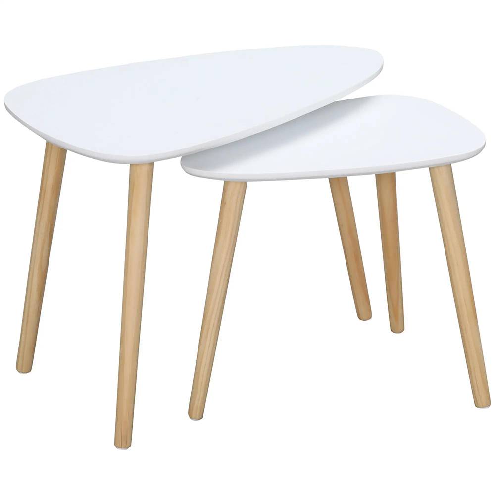 Lot de 2 tables basses gigognes design scandinave pieds en bois et plateau en bois, blanc - Image 1