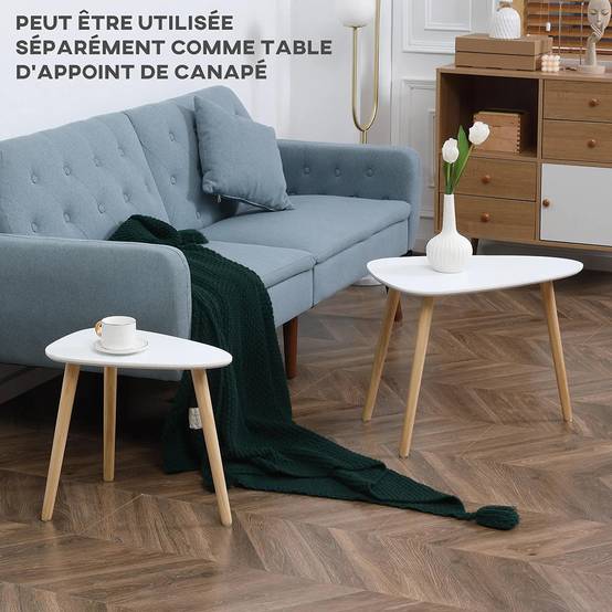 Lot de 2 tables basses gigognes design scandinave pieds en bois et plateau en bois, blanc - Image 4
