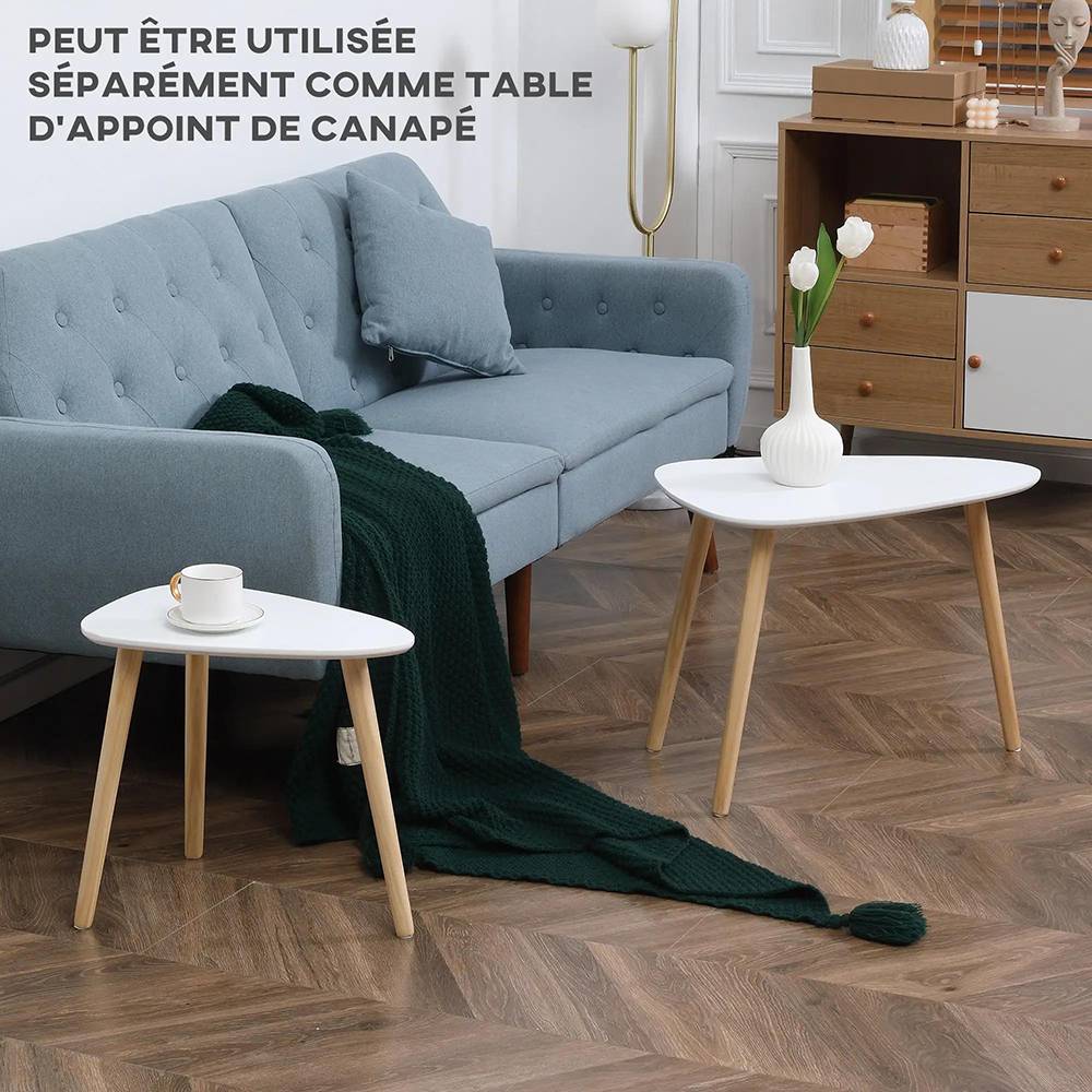 Lot de 2 tables basses gigognes design scandinave pieds en bois et plateau en bois, blanc - Image 4