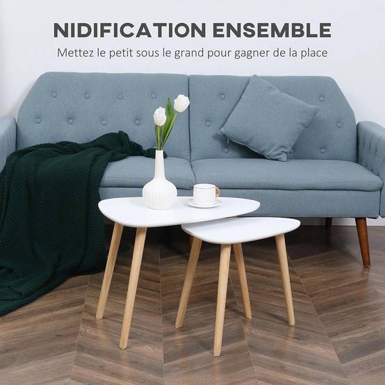 Lot de 2 tables basses gigognes design scandinave pieds en bois et plateau en bois, blanc - Image 2