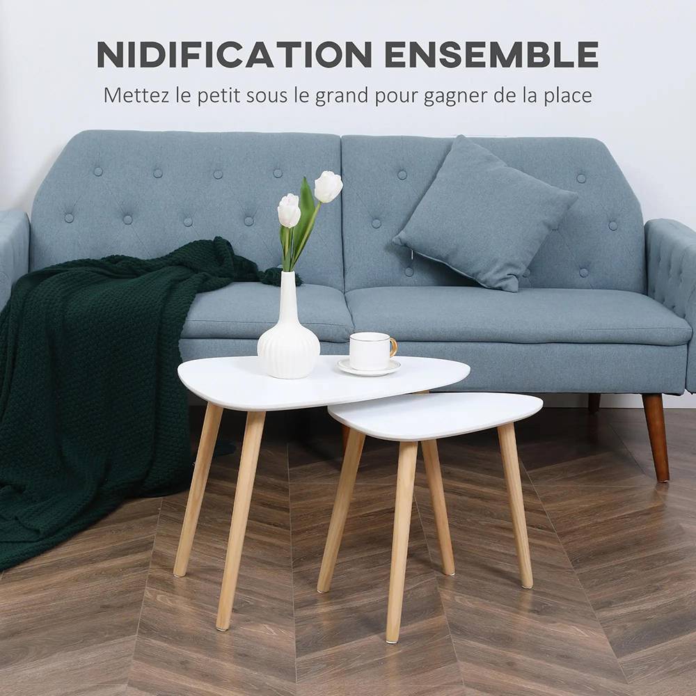 Lot de 2 tables basses gigognes design scandinave pieds en bois et plateau en bois, blanc - Image 2
