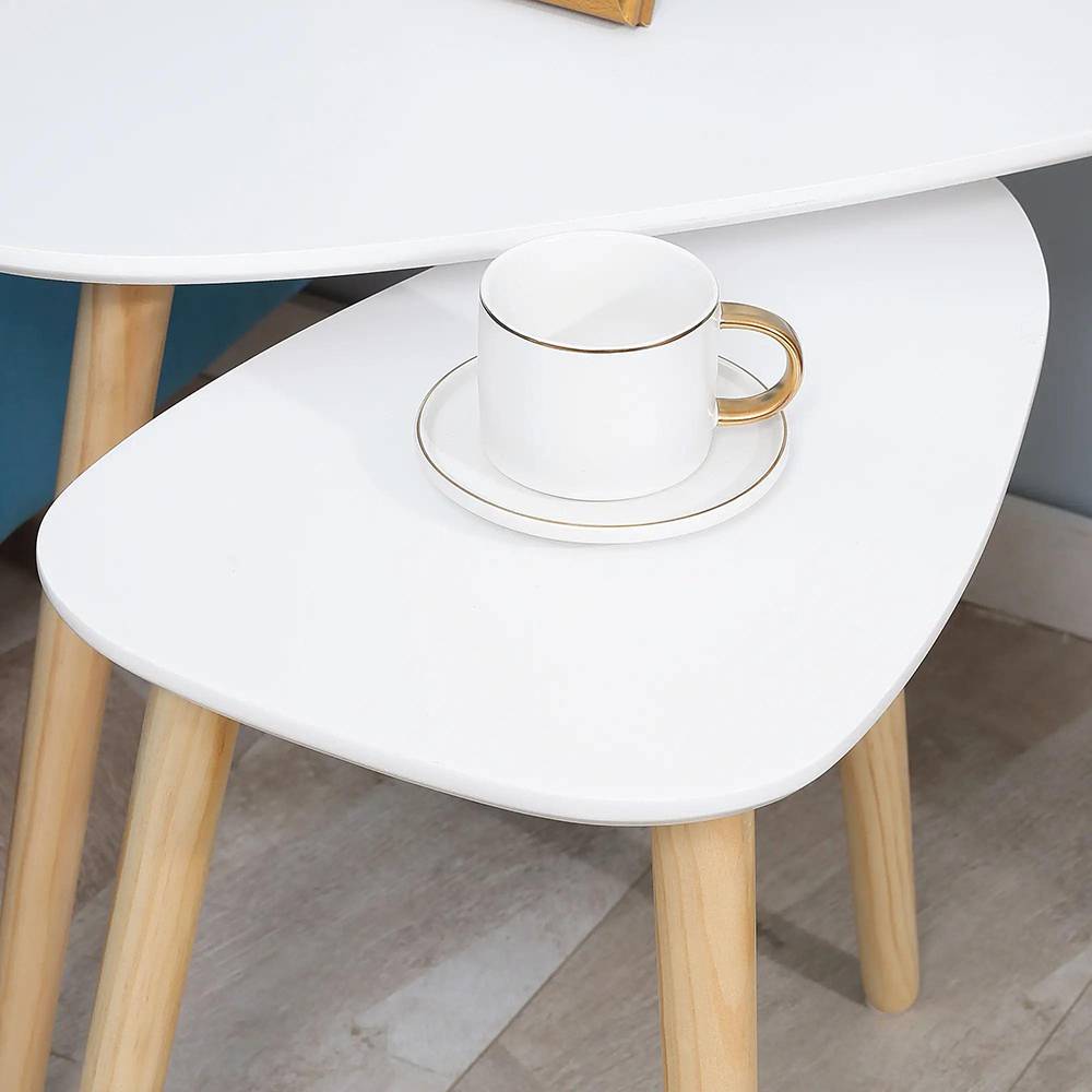 Lot de 2 tables basses gigognes design scandinave pieds en bois et plateau en bois, blanc - Image 7