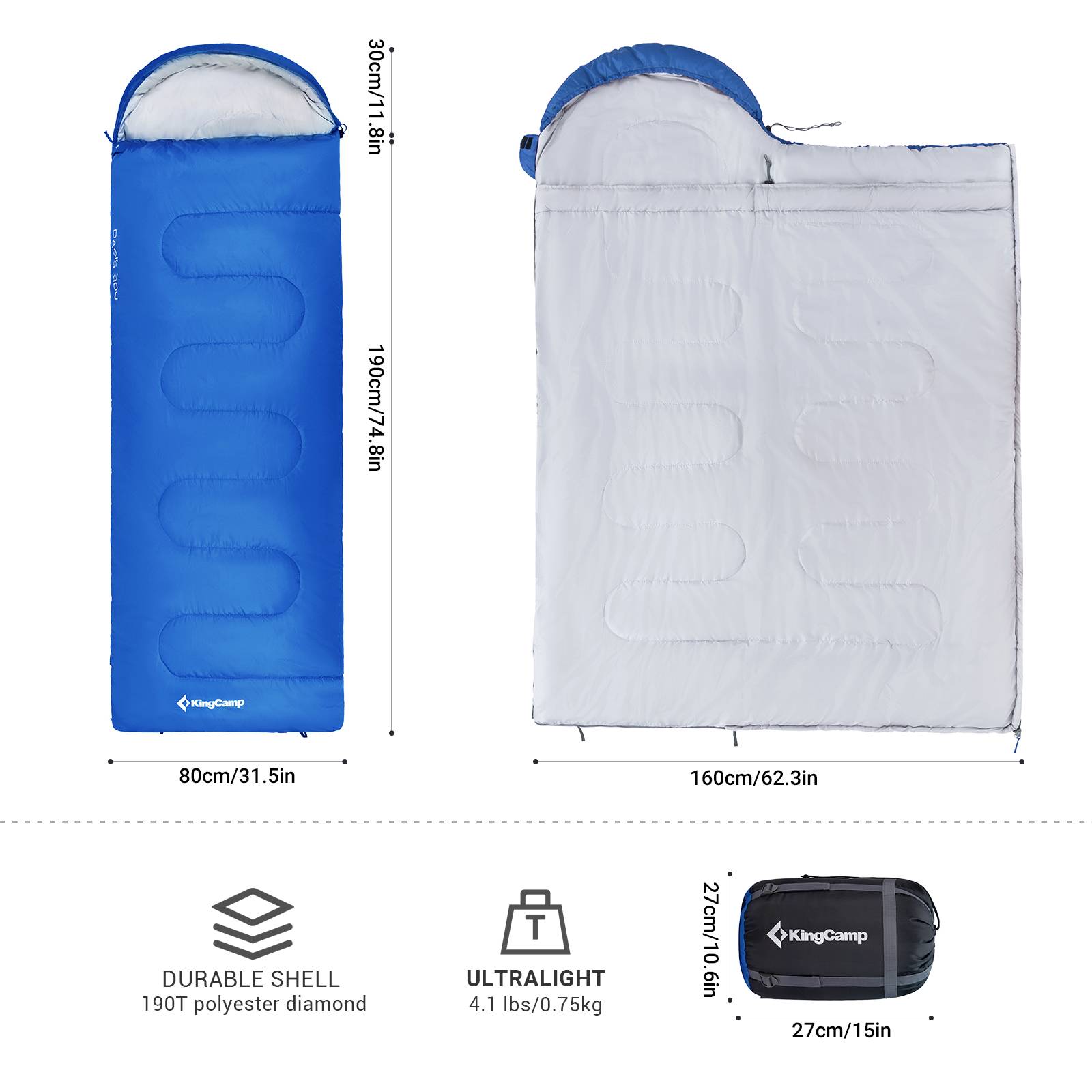 Sac de couchage - Modèle Oasis 300 - Bleu - 190 x 75 cm - Kingcamp - Imagen 3