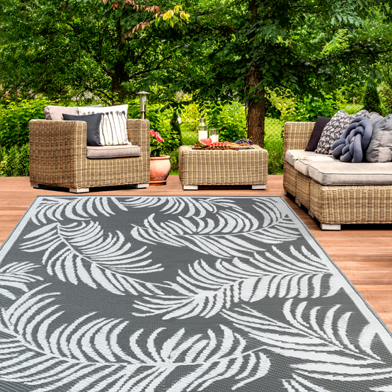 Tapis extérieur COCO tropical gris et blanc 180 x 280 CM - Image 1