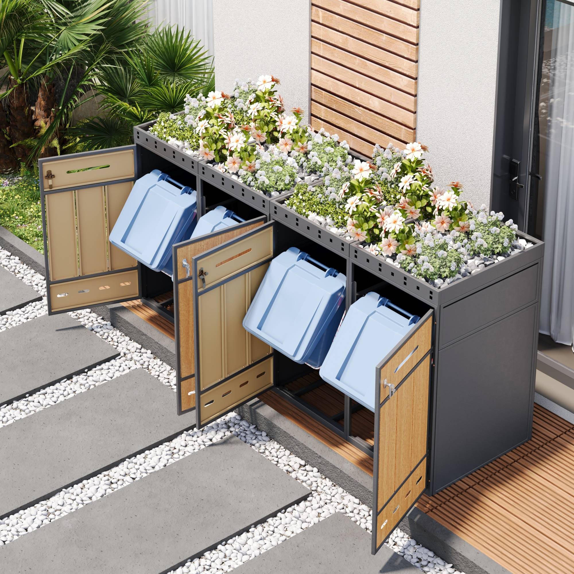 Cache-poubelle 4 bacs en acier pour jardin avec toit végétalisable gris ...