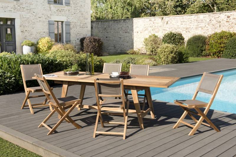 Macabane - FUN - Ensemble de jardin Table bois teck 180/240 et 6 chaises taupe - Imagen 2