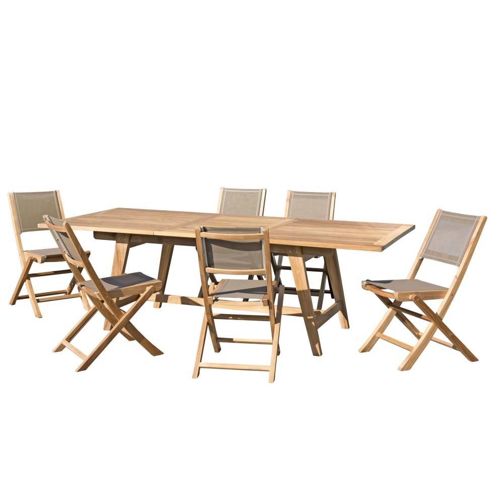 Macabane - FUN - Ensemble de jardin Table bois teck 180/240 et 6 chaises taupe - Imagen 1