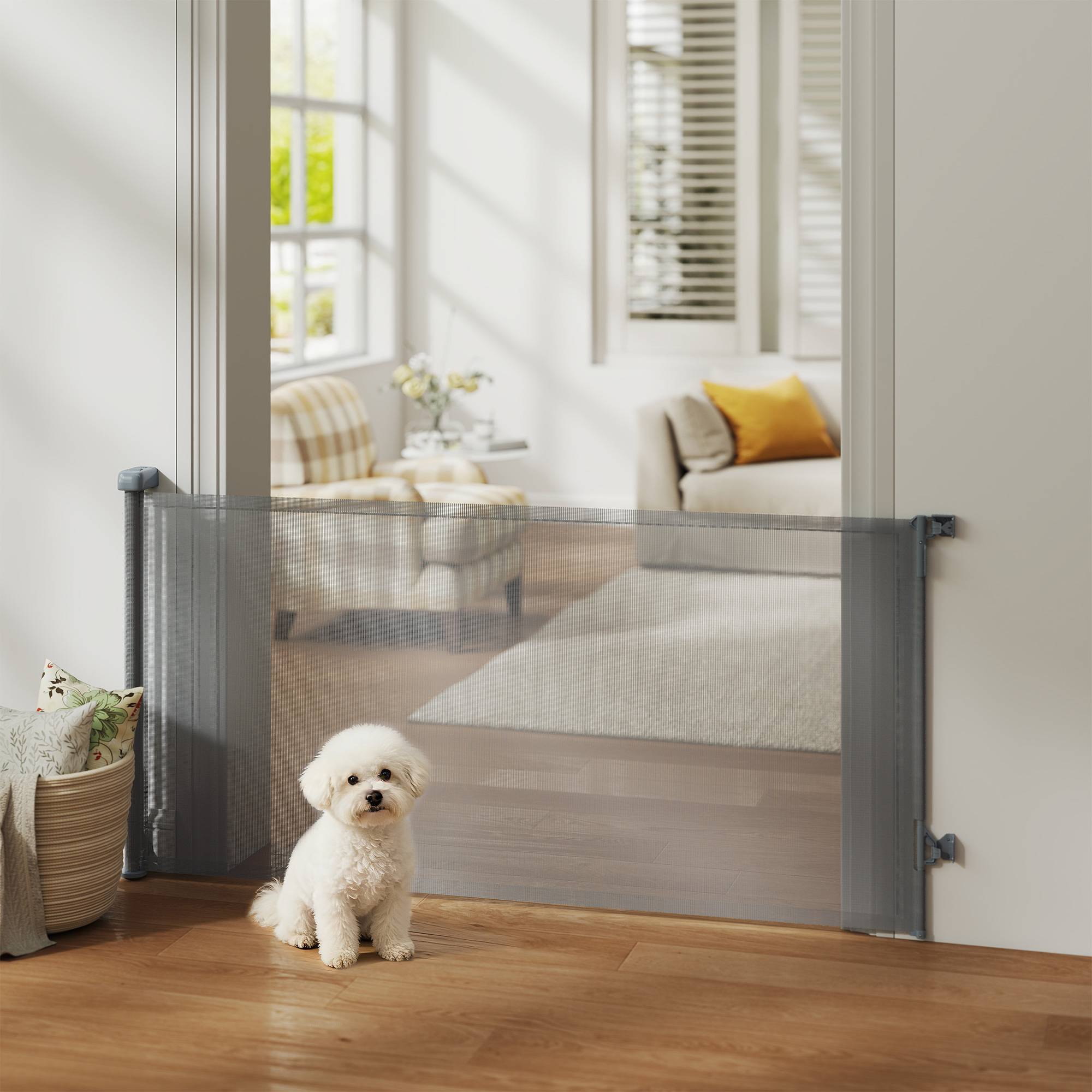 Barrière de sécurité rétractable pour chien, extensible jusqu'à 180 cm de large, pour escaliers et portes, grise - Image 3