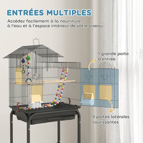 Cage à oiseaux sur roues 46 x 36 x 120 cm 2 mangeoires 2 perchoirs étagère cage pour perruche calopsitte conure pinson canaris - Image 9