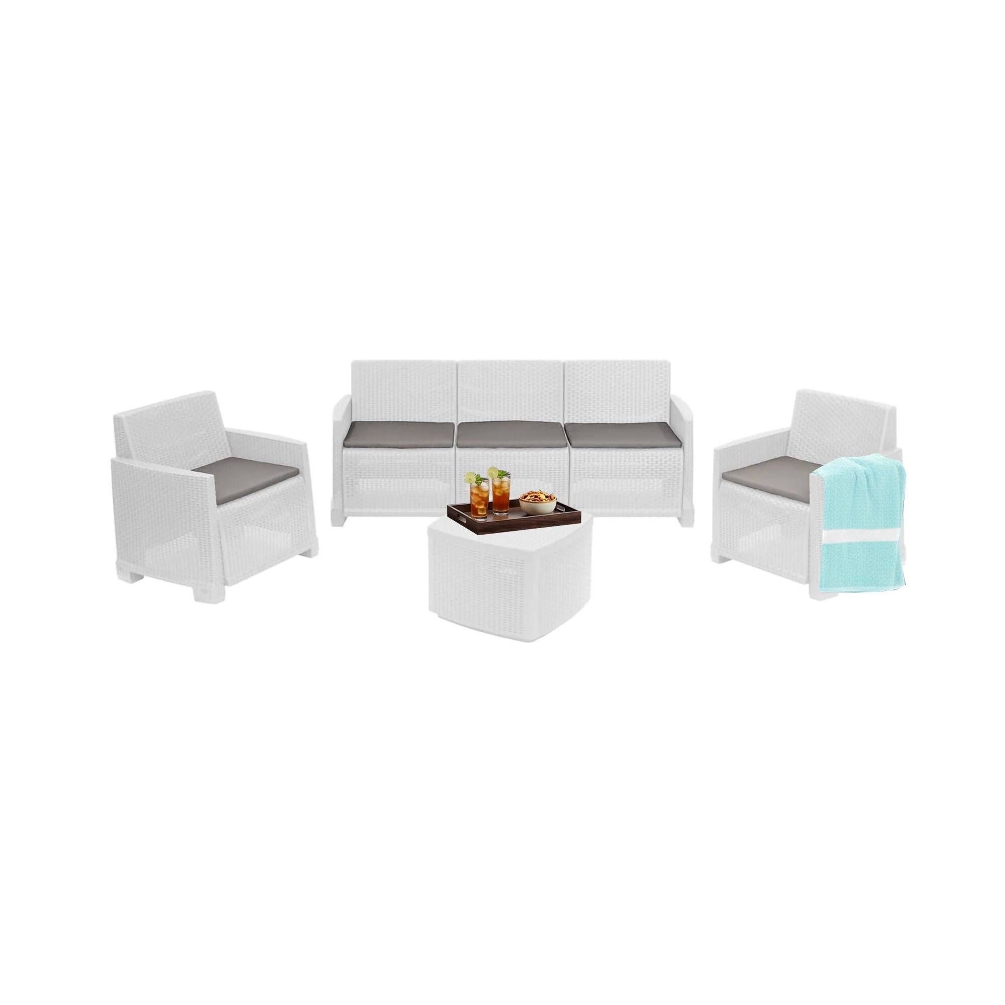 Dmora - Salon d'extérieur Alassio, Composition de jardin avec 2 fauteuils, 1 canapé et 1 table de rangement, Effet rotin avec coussins, Blanc - Dmora - Imagen 1