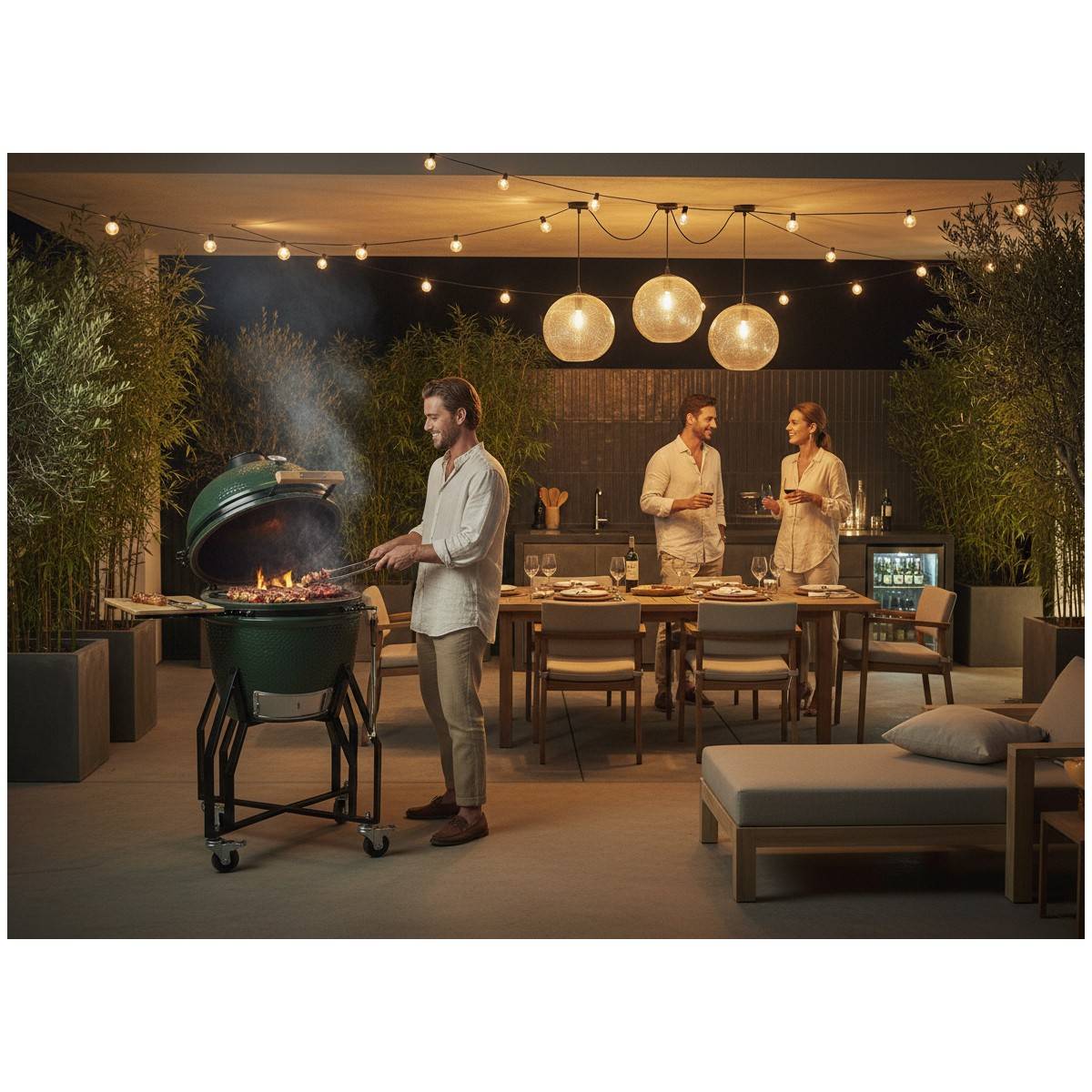 Barbecue à charbon de bois Kamado Céramique Vert - 2 zones de cuisson Grill & Fumoir Ø56cm - Barbecue mobile + 2 tablettes INTEC - Image 5