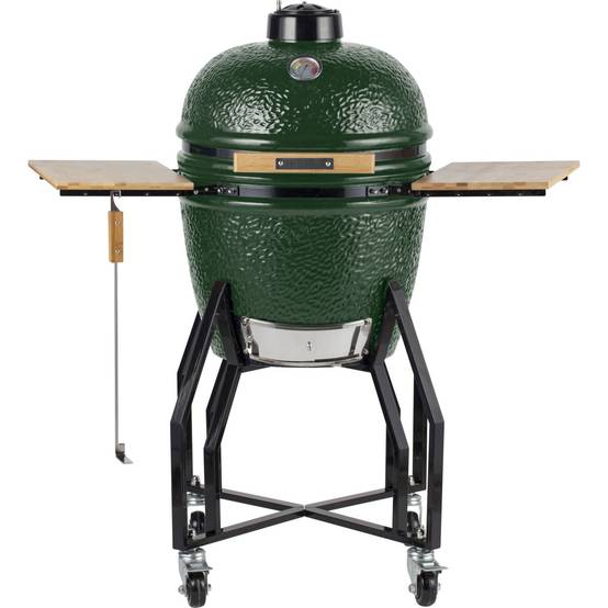 Barbecue à charbon de bois Kamado Céramique Vert - 2 zones de cuisson Grill & Fumoir Ø56cm - Barbecue mobile + 2 tablettes INTEC - Image 1