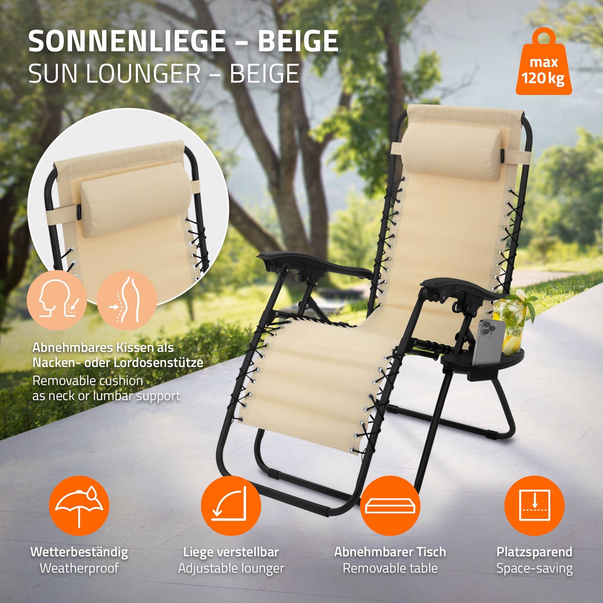 Ecd-Germany - Lot de 2 Chaise Longue avec Appui-Tête et Porte-Gobelet, Pliable, Beige, en Acier/Tissu Polyester Oxford, Bain de Soleil de Jardin - Imagen 3
