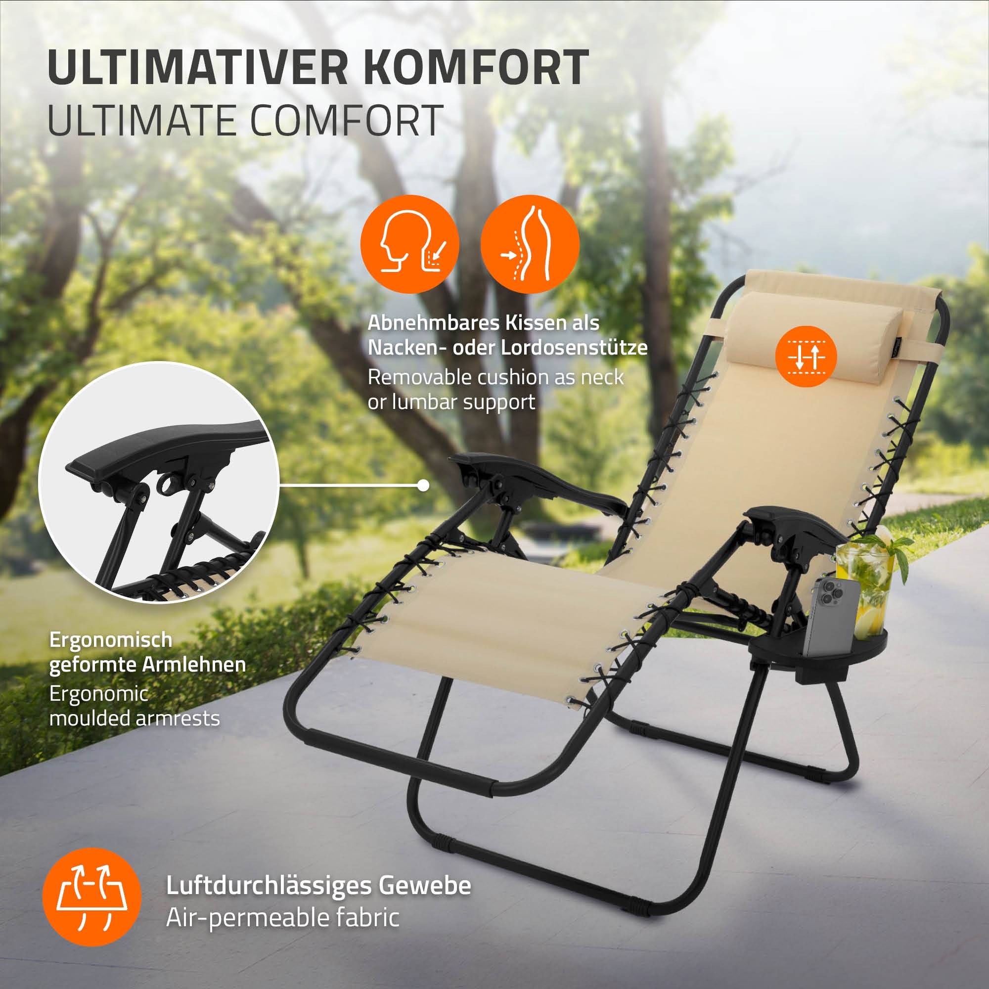 Ecd-Germany - Lot de 2 Chaise Longue avec Appui-Tête et Porte-Gobelet, Pliable, Beige, en Acier/Tissu Polyester Oxford, Bain de Soleil de Jardin - Imagen 6
