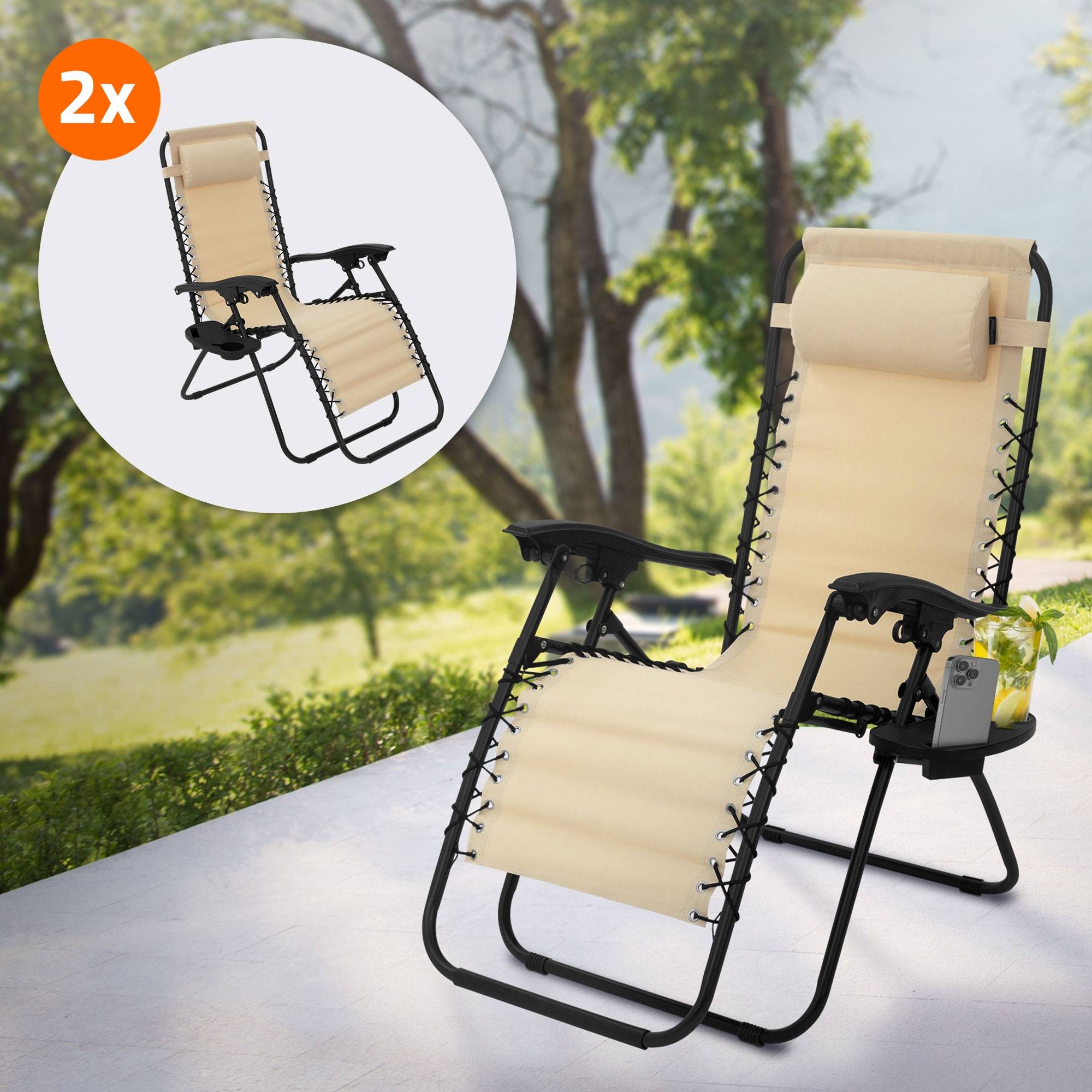 Ecd-Germany - Lot de 2 Chaise Longue avec Appui-Tête et Porte-Gobelet, Pliable, Beige, en Acier/Tissu Polyester Oxford, Bain de Soleil de Jardin - Imagen 2