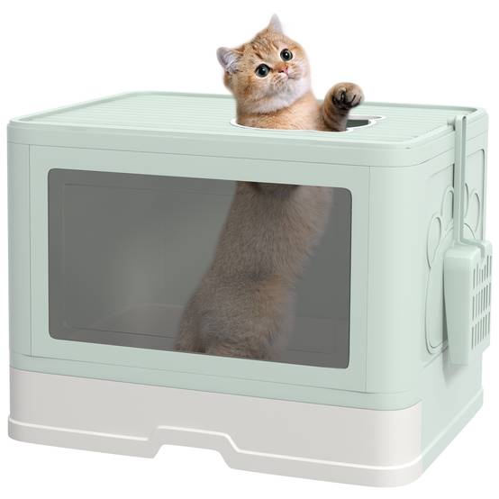 Bac à Litière Couvert pour Chat avec Tiroir Pelle et Brosse de Massage Vert Clair - ComfortXL Outdoor Living - Image 1
