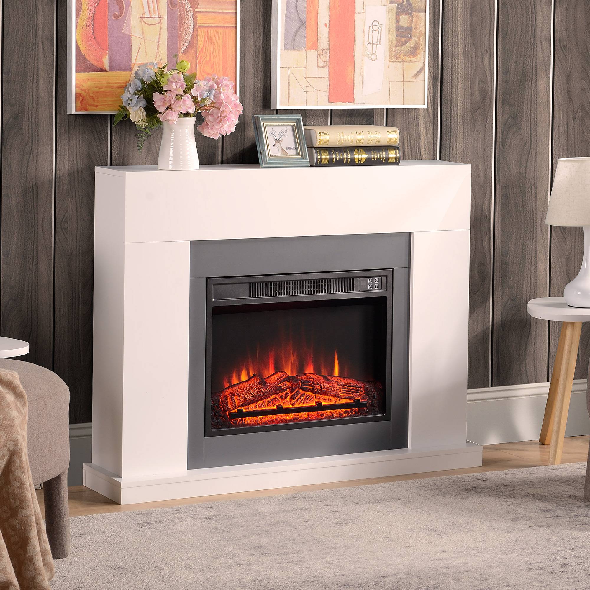 Cheminée électrique 1800W-2000W télécommande flamme réglable thermostat minuterie hebdomadaire 37 m² blanc - Image 4