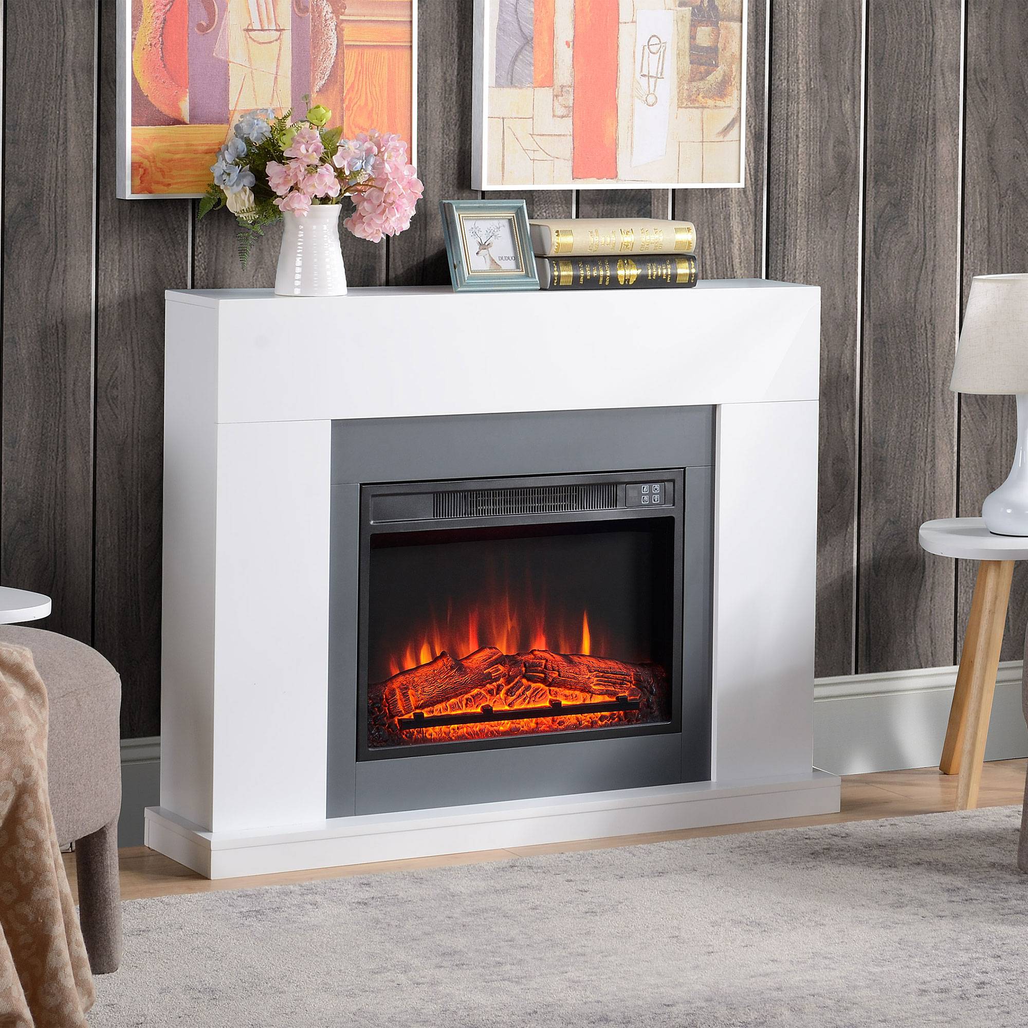 Cheminée électrique 1800W-2000W télécommande flamme réglable thermostat minuterie hebdomadaire 37 m² blanc - Image 3