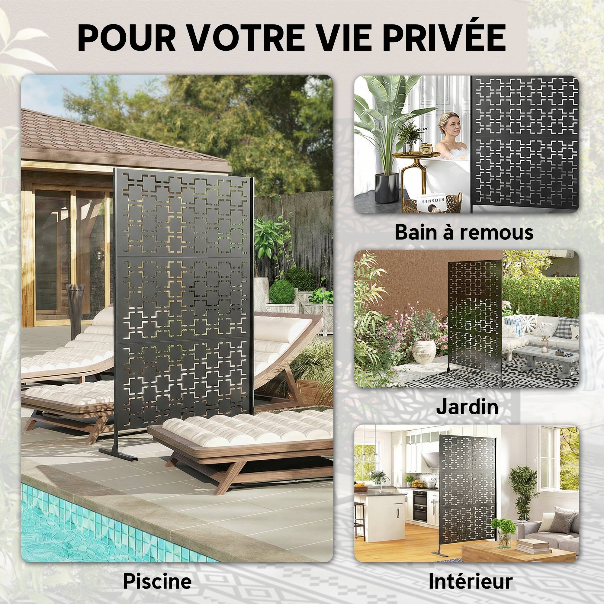 Panneau brise vue décoratif paravent extérieur à motif géométrique ajouré en métal - 122 x 45 x 198 cm, noir - Image 8