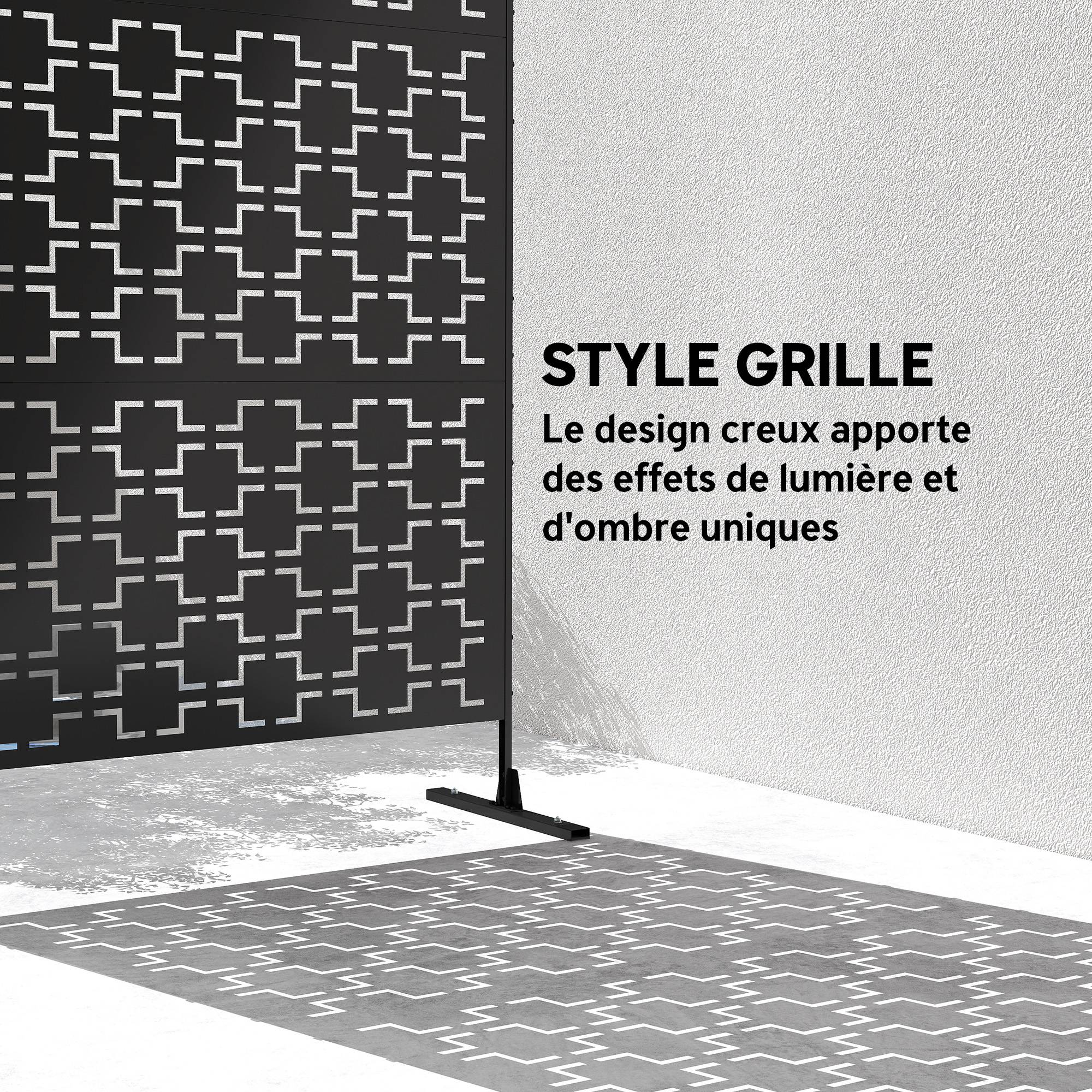 Panneau brise vue décoratif paravent extérieur à motif géométrique ajouré en métal - 122 x 45 x 198 cm, noir - Image 6