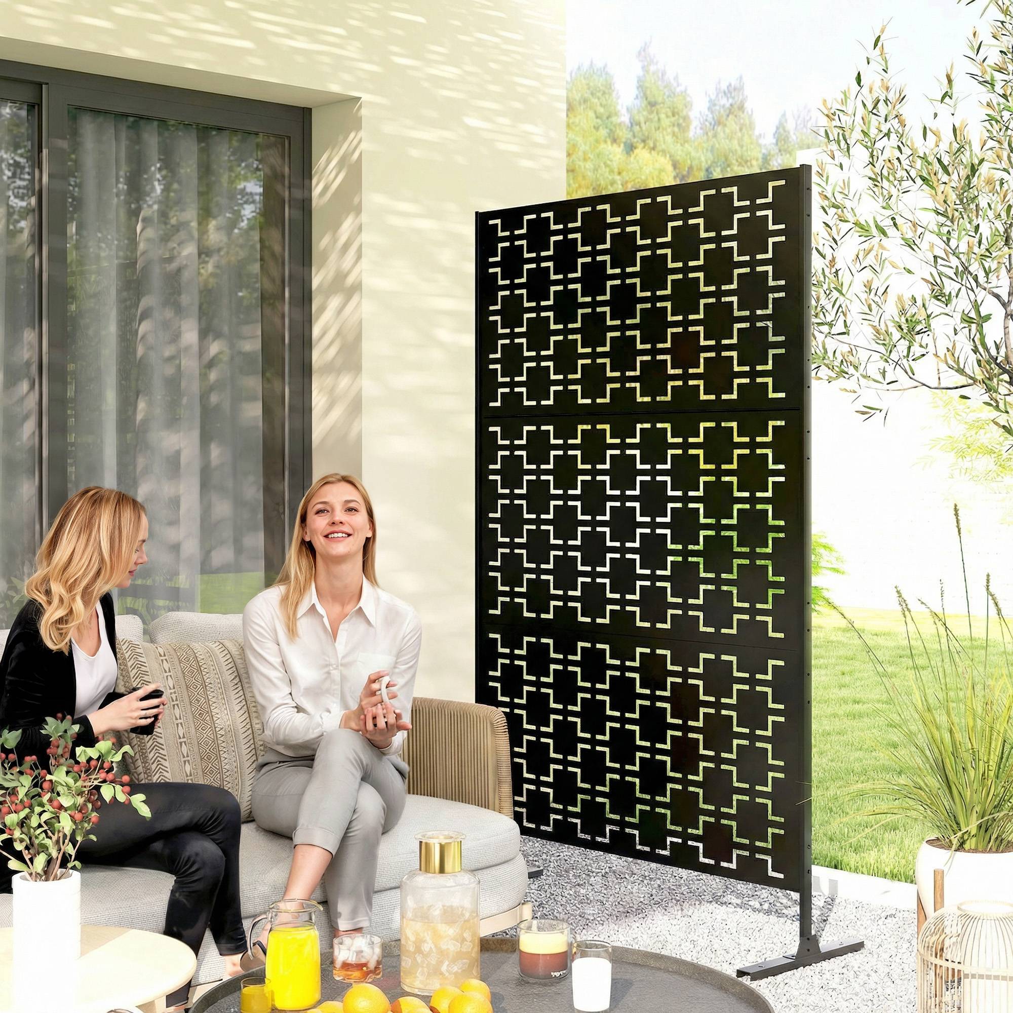 Panneau brise vue décoratif paravent extérieur à motif géométrique ajouré en métal - 122 x 45 x 198 cm, noir - Image 3