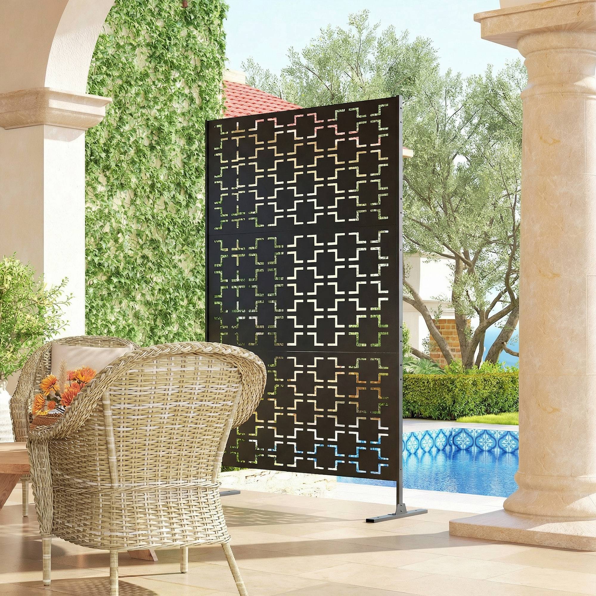 Panneau brise vue décoratif paravent extérieur à motif géométrique ajouré en métal - 122 x 45 x 198 cm, noir - Image 9