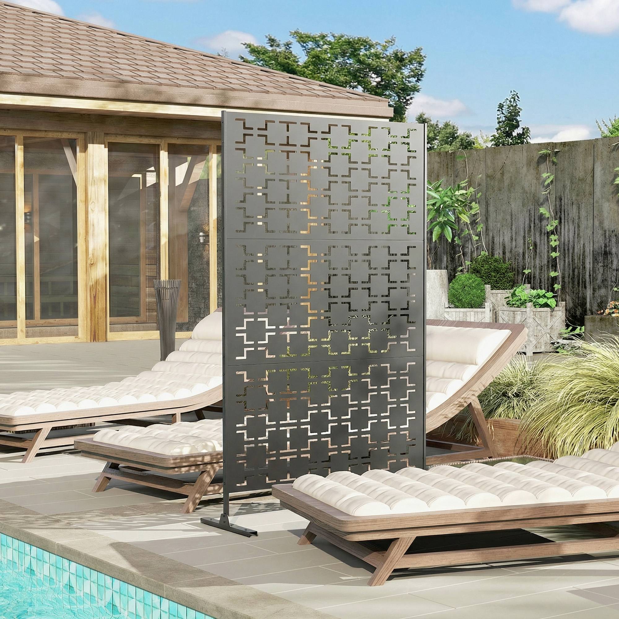 Panneau brise vue décoratif paravent extérieur à motif géométrique ajouré en métal - 122 x 45 x 198 cm, noir - Image 4