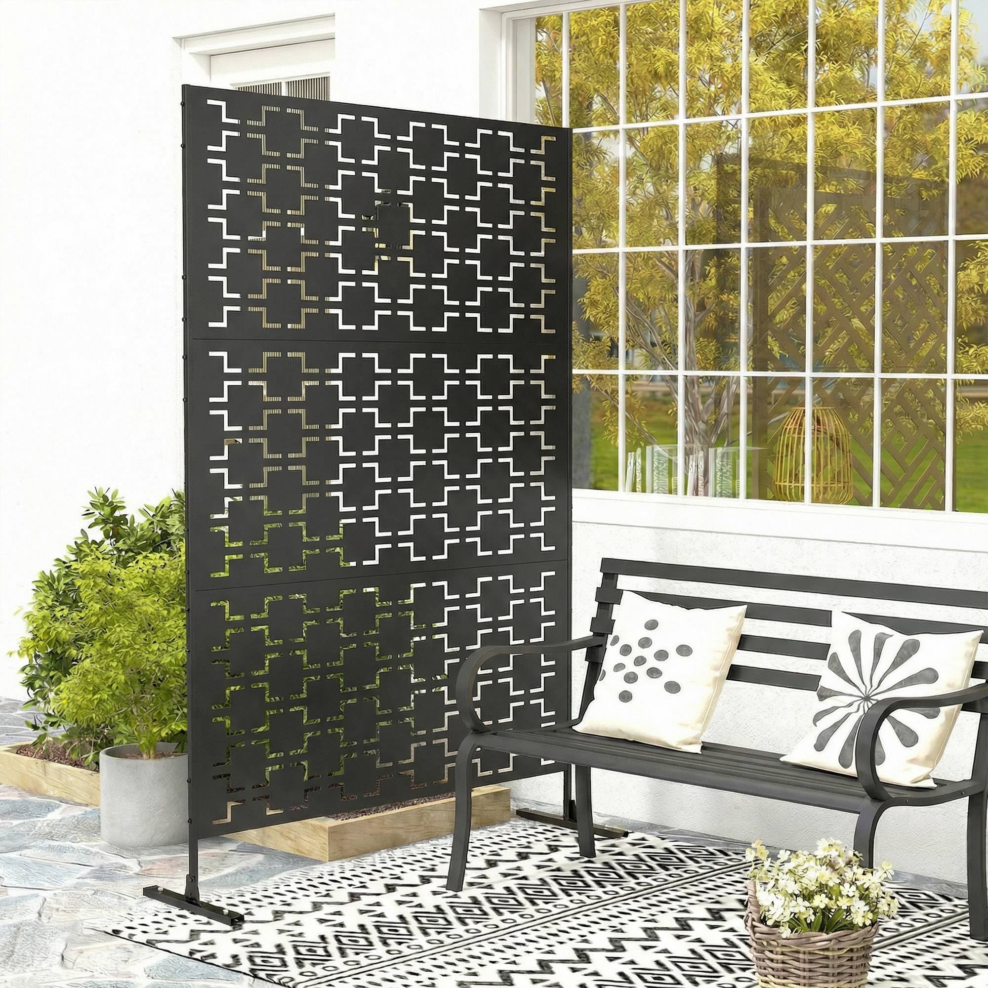 Panneau brise vue décoratif paravent extérieur à motif géométrique ajouré en métal - 122 x 45 x 198 cm, noir - Image 10