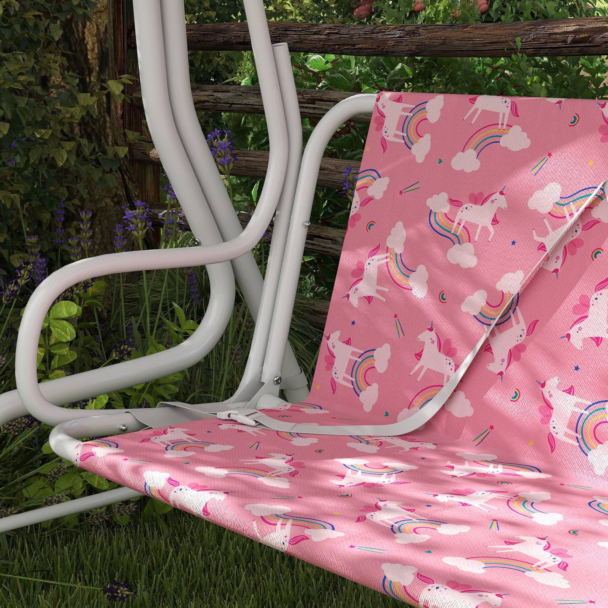 Balançoire de jardin pour enfants, 2 places, auvent réglable, ceintures de sécurité, motif licorne arc-en-ciel rose - Image 10
