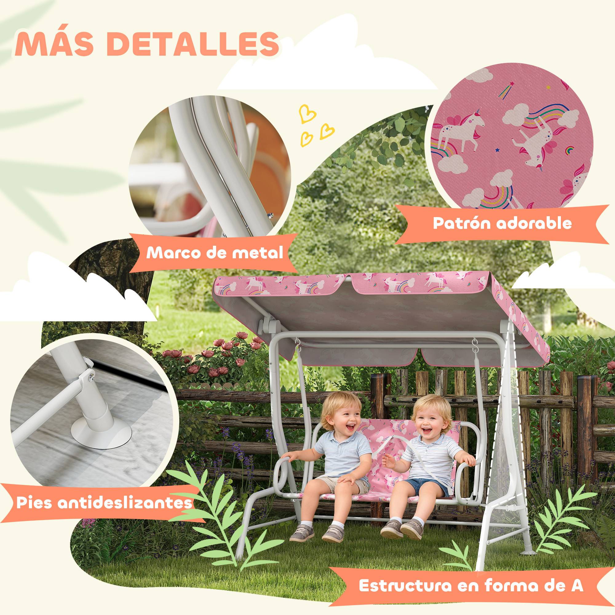 Balançoire de jardin pour enfants, 2 places, auvent réglable, ceintures de sécurité, motif licorne arc-en-ciel rose - Image 8